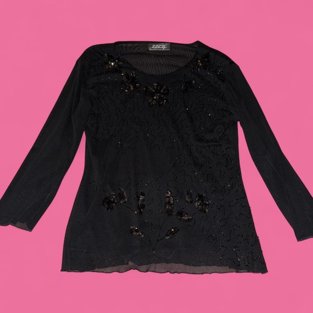 Black embellished sequin mesh long sleeve top